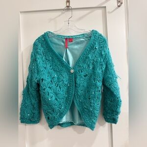 Charlotte mint acrylic, mohair + nylon shrug w/ fake gems (fits like L)
